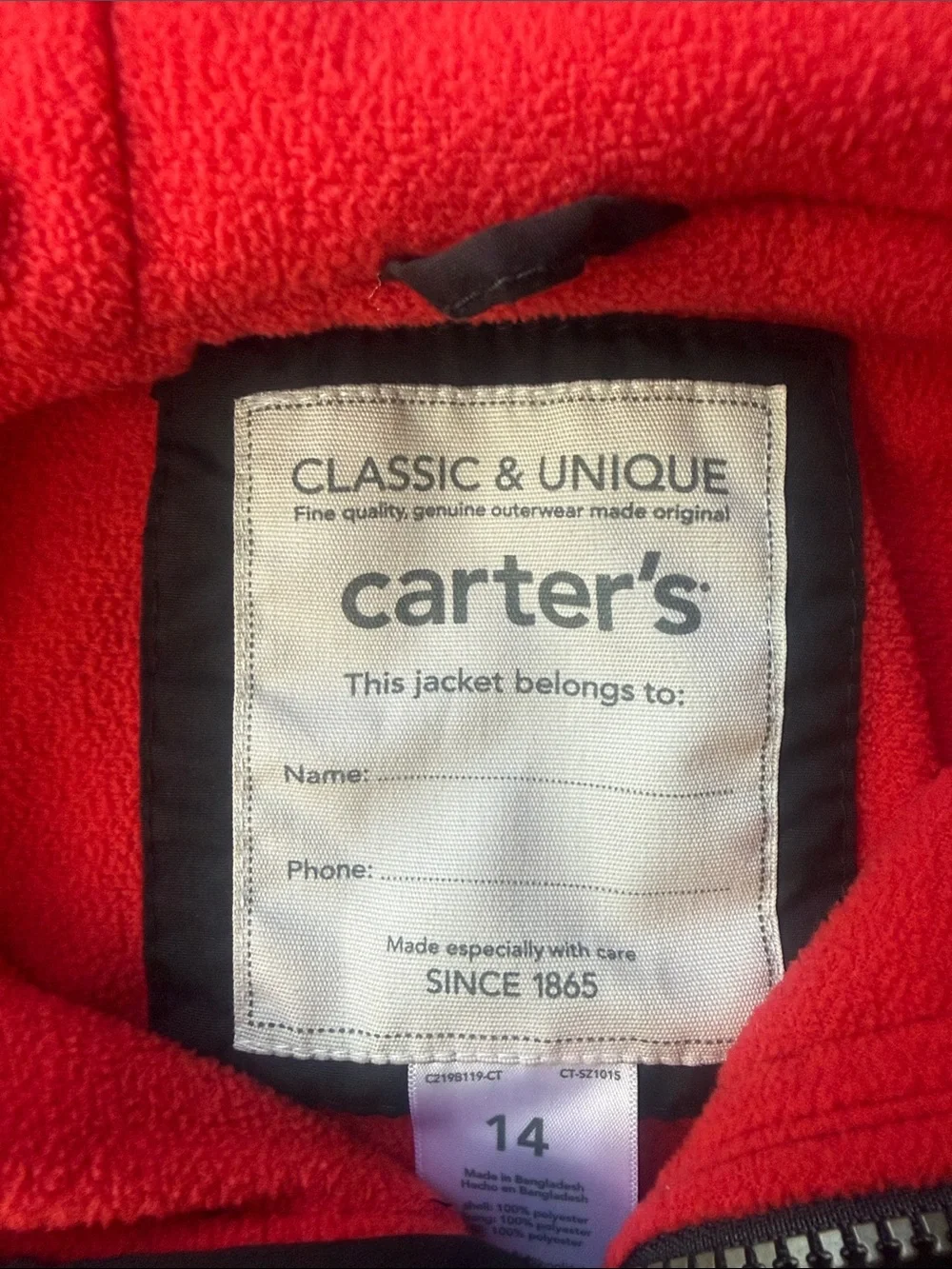 Carter's Black Hooded Puffer Jacket with Red Lining